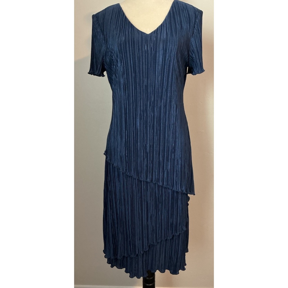 Connected Women's Dark Blue Midi Asymmetric-Tiered Dress Sz 10